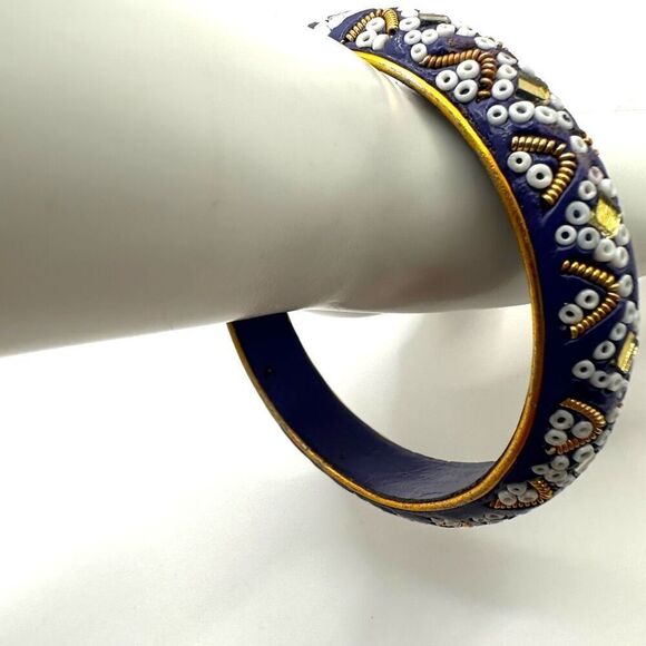 Blue beaded Indian  mirrored bangle bracelet - Picture 3 of 8